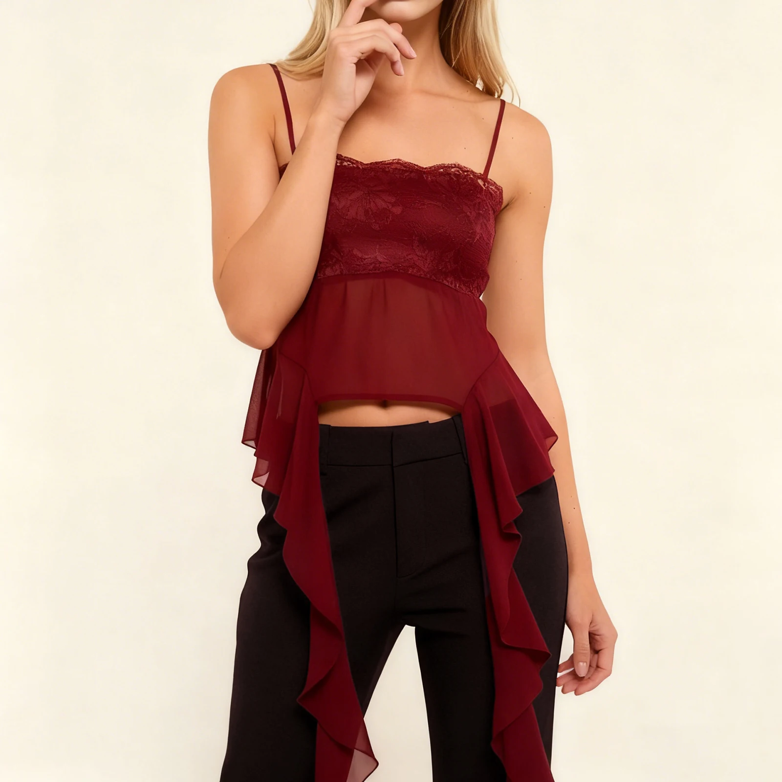 Women Sheer Lace Cami Tops Slim Floral Square Neck Spaghetti Strap Ruffle Shirts Trendy Summer Streetwear