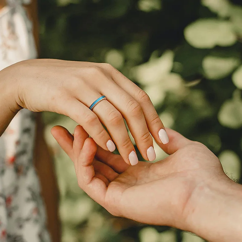 TIGRADE 3MM Titanium Ring Blue Turquoise Engagement Wedding Band for Women Fashion Finger Rings Party Jewelry Gift