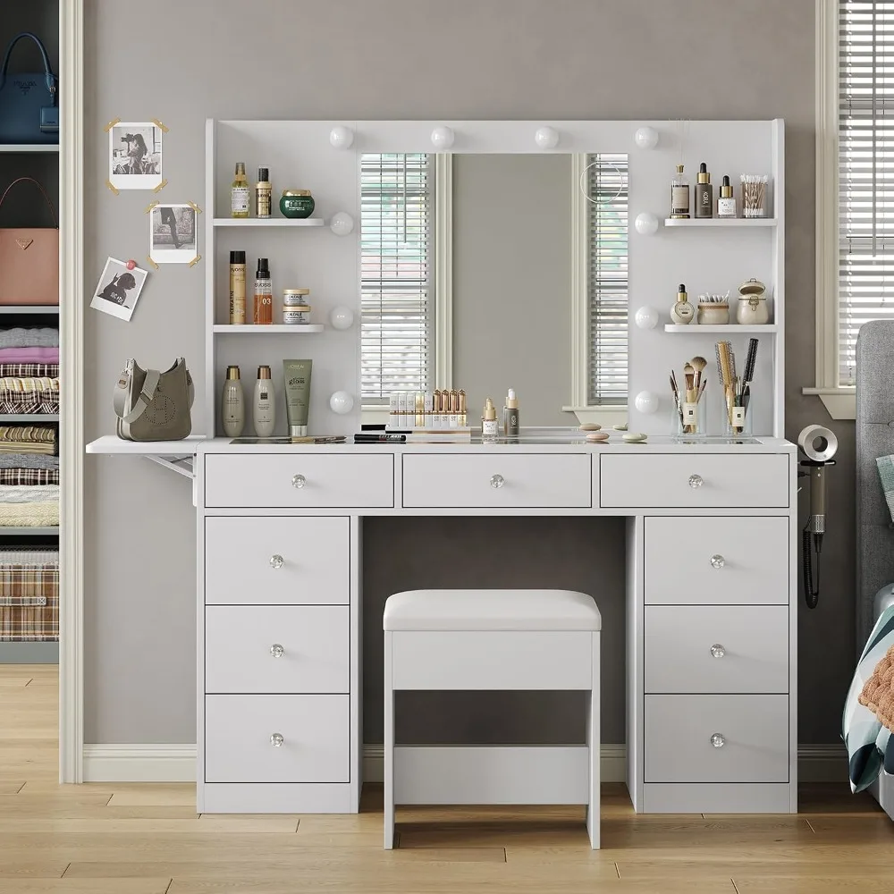 Vanity Desk Full Length Mirror LED Mirror with Power Outlet Makeup Vanity 14 Drawers 10 Shelves Hidden Storage Capacity