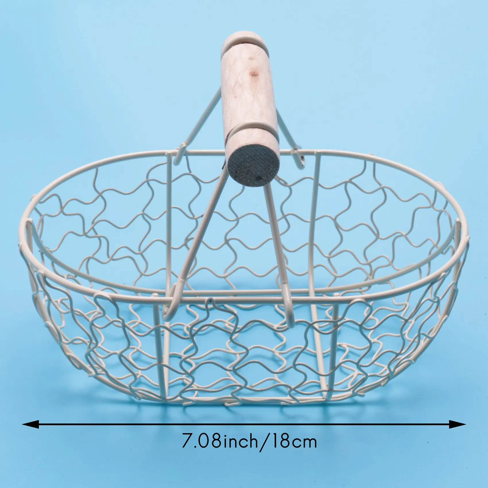 Wooden Handle Metal Retro Basket Portable Multi-Function Vegetable Fruit Egg Groceries Practical Storage Basket Organizer White