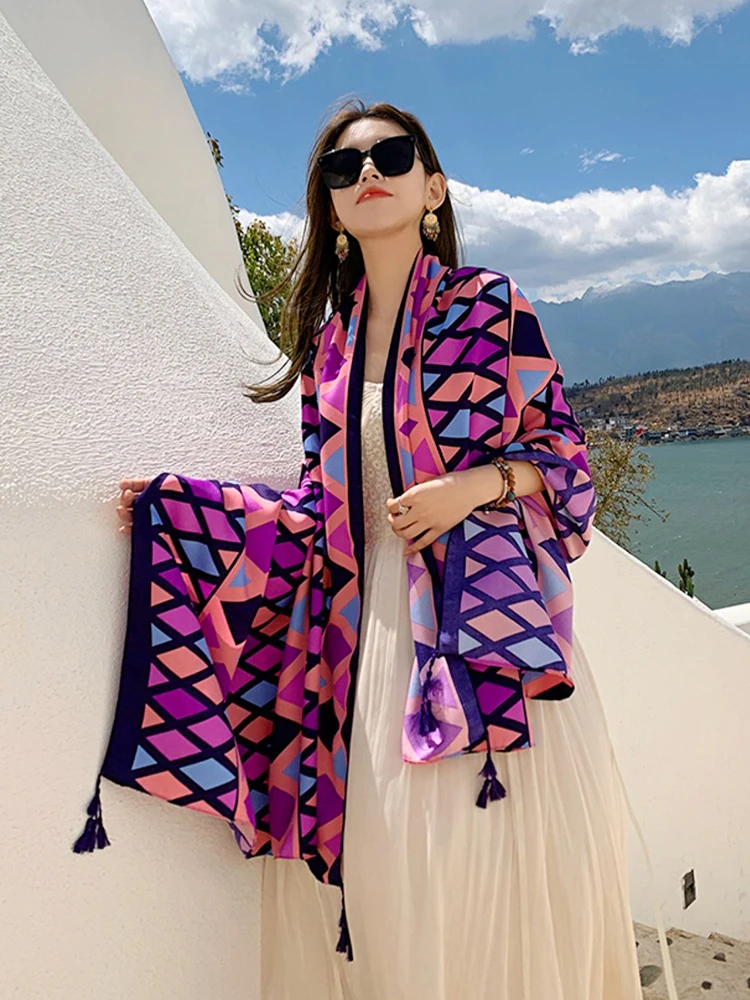 Summer Elegant Women Silk Scarf Beach Wrap Shawl Vintage Plaid Print Lady Sunscreen Bandana Long Hijab Mujer Boho Scarve Pareo