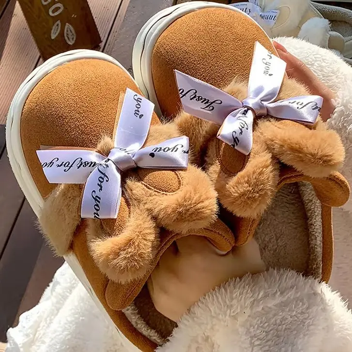 Winter Faux Suede Cotton Slippers for Women's Winter Home Rabbit Bow Cotton Slippers for Warmth, New Thick Soled Princess Style