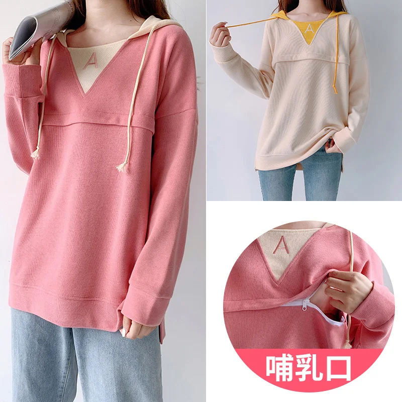 

Maternity Autumn Lactation Hoodies Horizontally Open Nursing Pulllover Long Sleeve Breastfeeding Sweatshirts Maternity Clothes