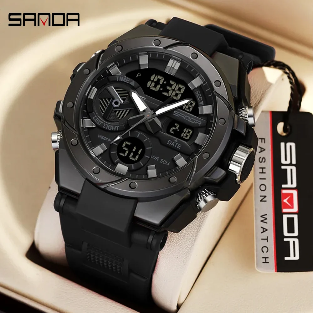 New SANDA Watches Mens Luxury Sport Chronograph Waterproof Quartz Luminous Big Clock Quartz Digital Wristwatches Men Watch