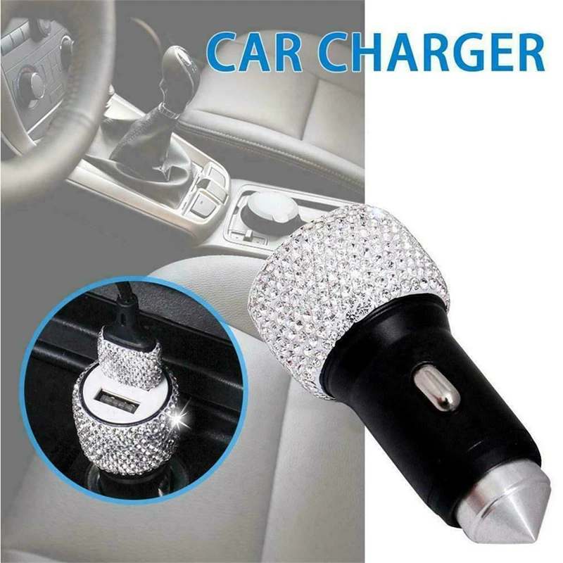 Bling Car Phone Fast Charger Dual USB Rhinestones Car Multiport Adapter Safety Hammer Charger 3 in1 Fast-Charging Phone Charger