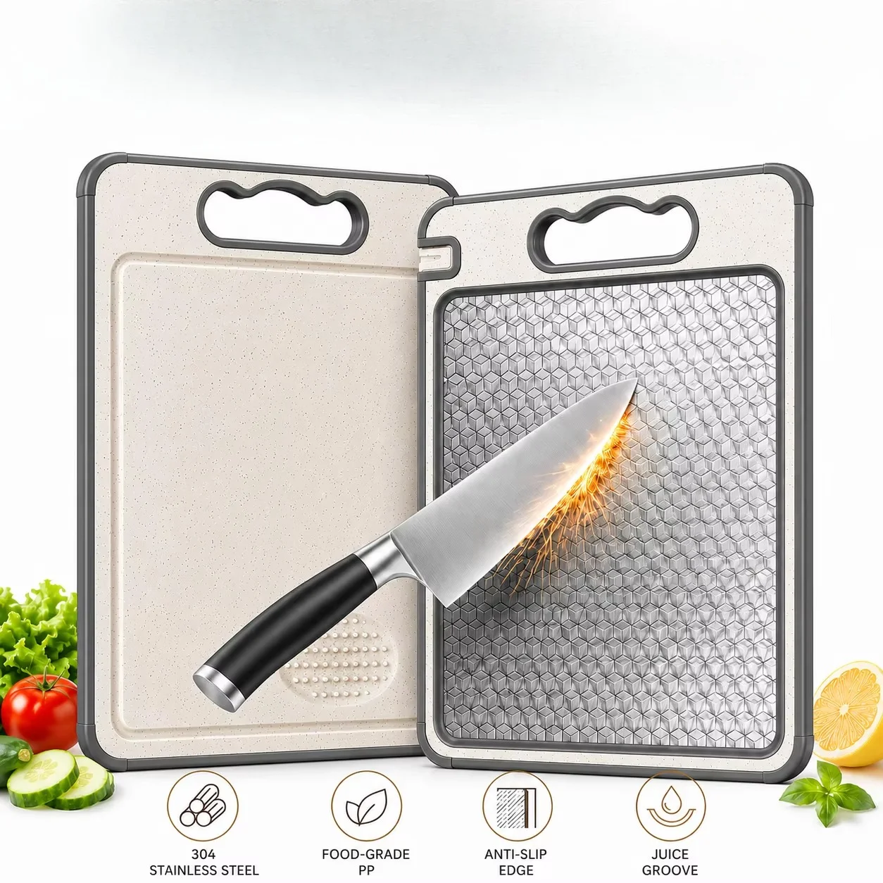 Double Sided Cutting Board 304 Stainless Steel And Wheat Straw Chopping Board With Knife Sharpener Garlic Grinder Juice Groove