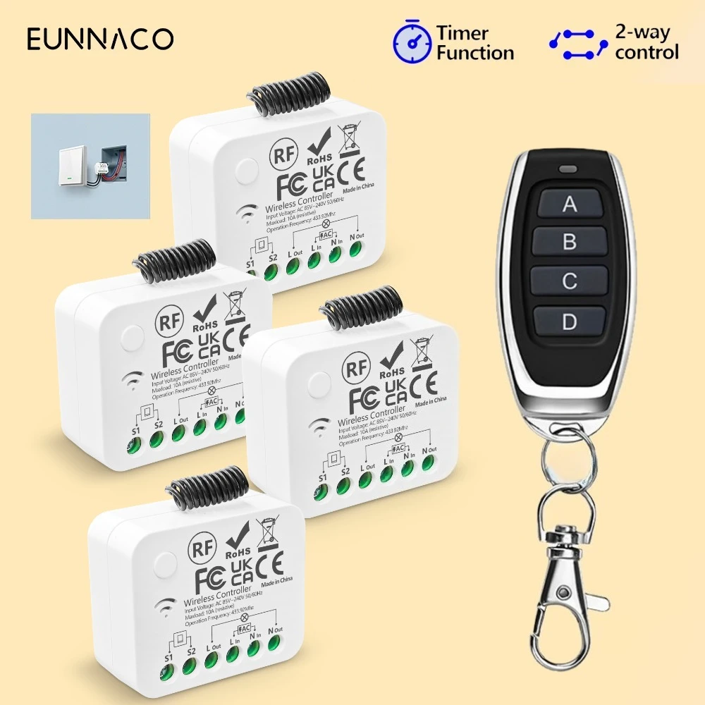 433Mhz Wireless Smart Light Switch Remote Control AC 110V 220V 230V 240V 10A 3000W Mini Relay Receiver 2 Ways for Lamp Light Led