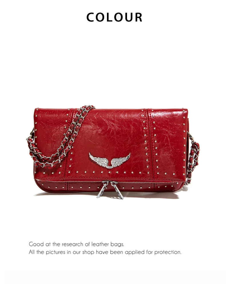 Bolso Bandolera Tipo Sobre Pequeño para Mujer 2026, Bolso de Hombro Casual de Cuero Encerado Negro Suave con Cadena de Remaches Plateados