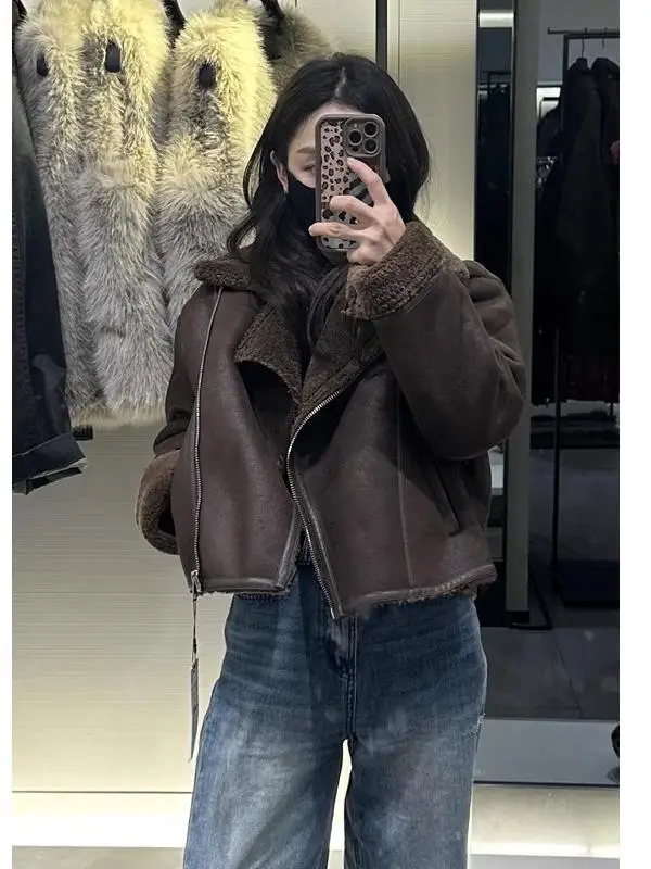 Chaqueta corta de manga larga con cuello de doble cara uesa estilo motocicta para mujer prendas de vestir exteriores fib...