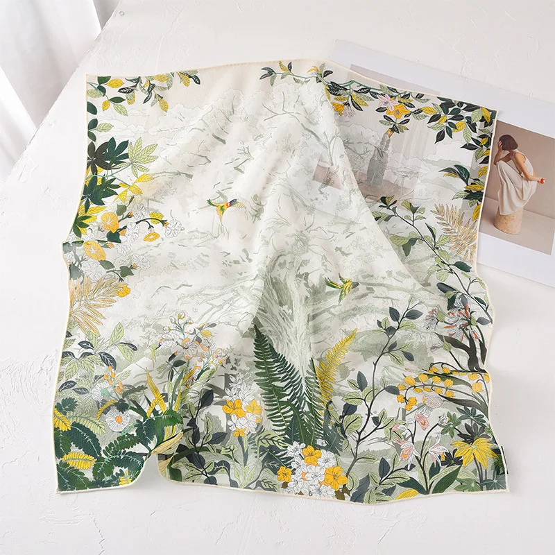 

100% Silk Scarf for Women Luxury Brand Pink Blue Green Forest Print Neck Scarves 100% Silk Neck Warmer Woman Accessory