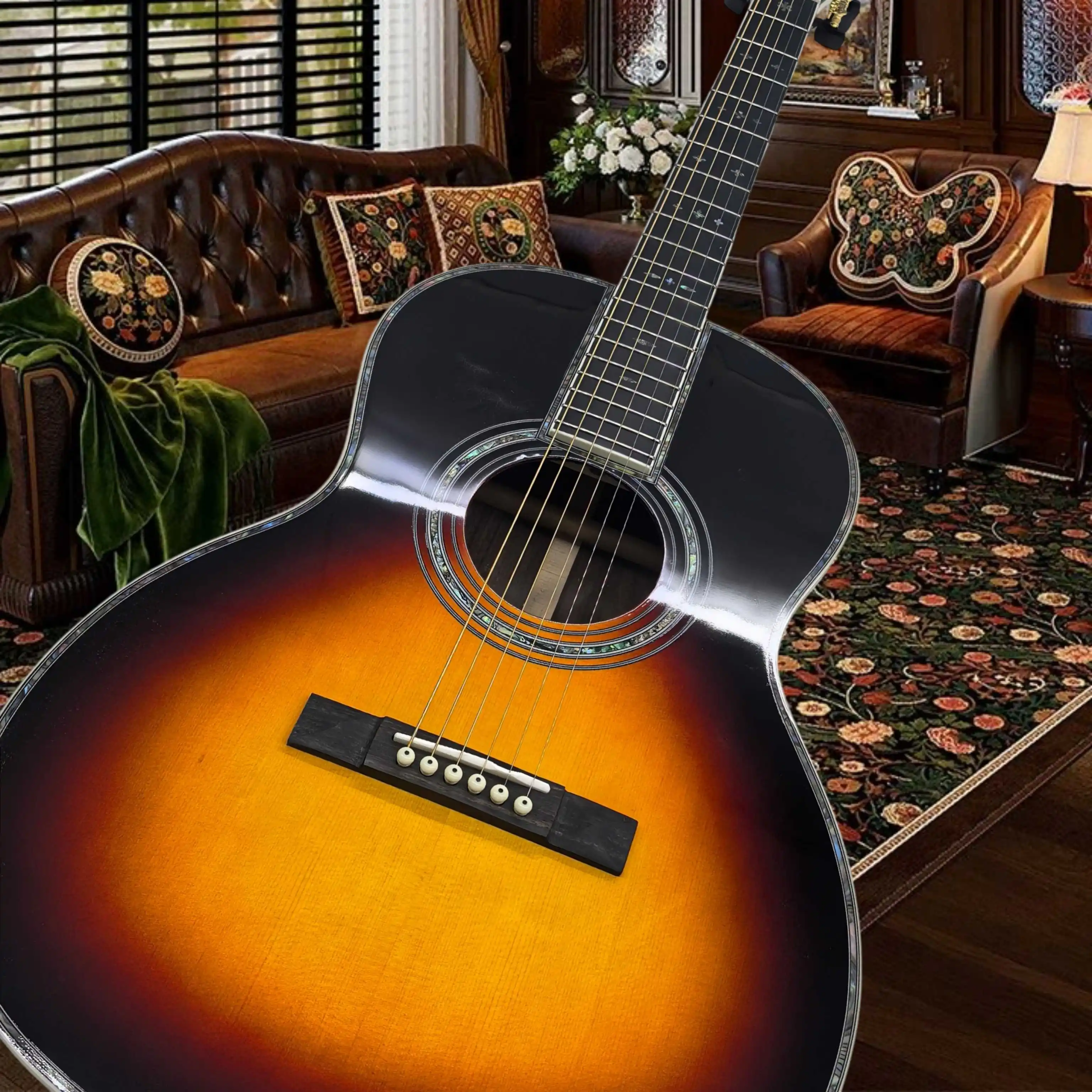 00042VS Style Acoustic Guitar Sunburst Top Multi Color Striped Rosewood Back Sides Abalone Shell Binding Trapeze Tailpiece