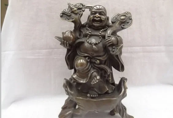 

12" China Bronze Wealth RuYi Happy Laugh Maitreya Buddha Copper Peach Statue