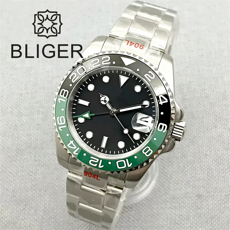 BLIGER New GMT Watch For Men NH34 Movement 40mm Case 120 Clicks Sapphire Glass Black Green Ceramic Bezle Green Luminous  Date