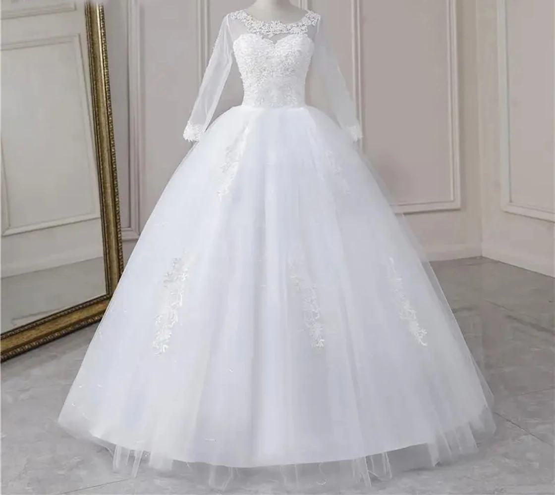 Luxury  White Wedding Dress  Long Sleeve Bridal Dress Tulle Lace Applique Ball Gown  for Wedding