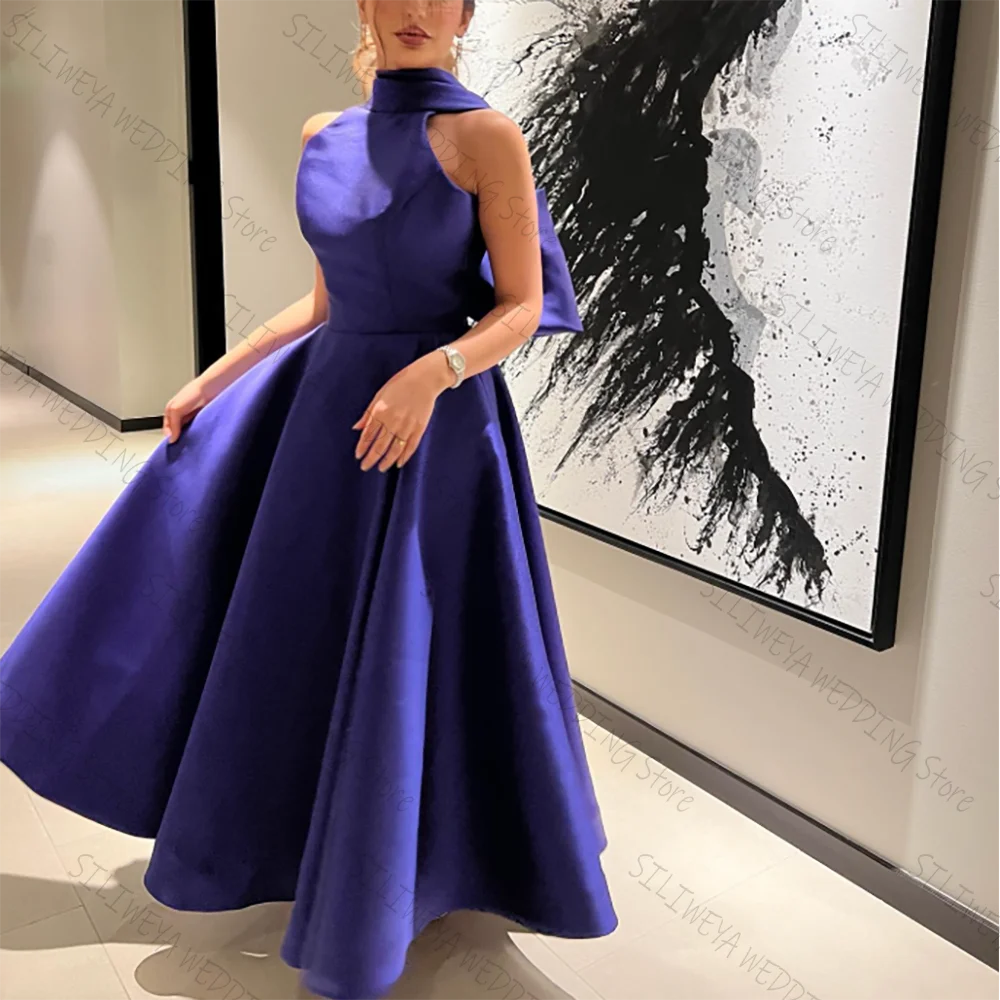 

Classic High-End Halter Blue Satin Prom Dresses Sleeveless Keen Length Female Party Evening Gown
