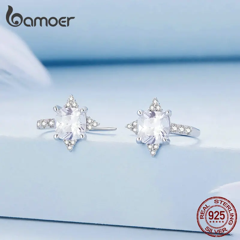 Bamoer 925 Sterling Silver Shiny Clear Square Zircon Ear Hooks Original Design Earrings for Women Fine Jewelry BSE788