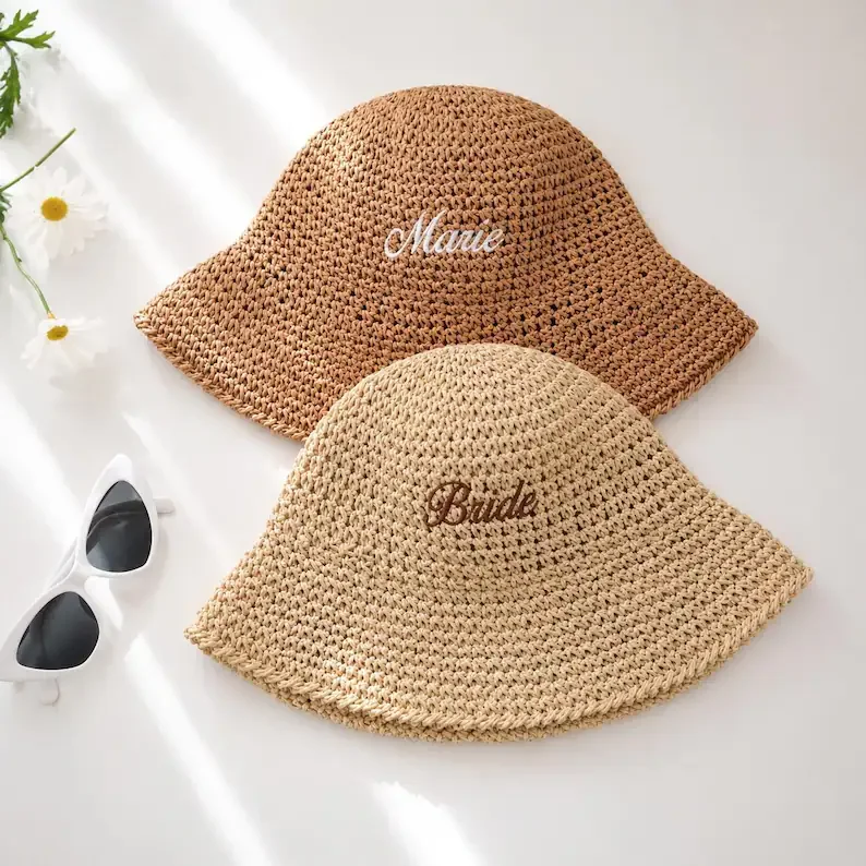 Personalized Straw Sun Hat Wedding Cap Bride Embroidered Beach Hat Summer Bucket Hat,Bach Party Bridesmaid Gift Travel Hats