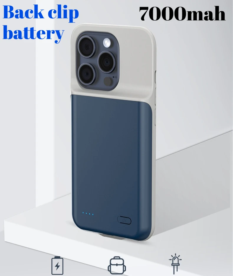 

For IPhone 16 Pro Max 16 Plus Pro 7000mAh Blue Back Clip Battery Case Case Portable Charger Power Bank Back Cover