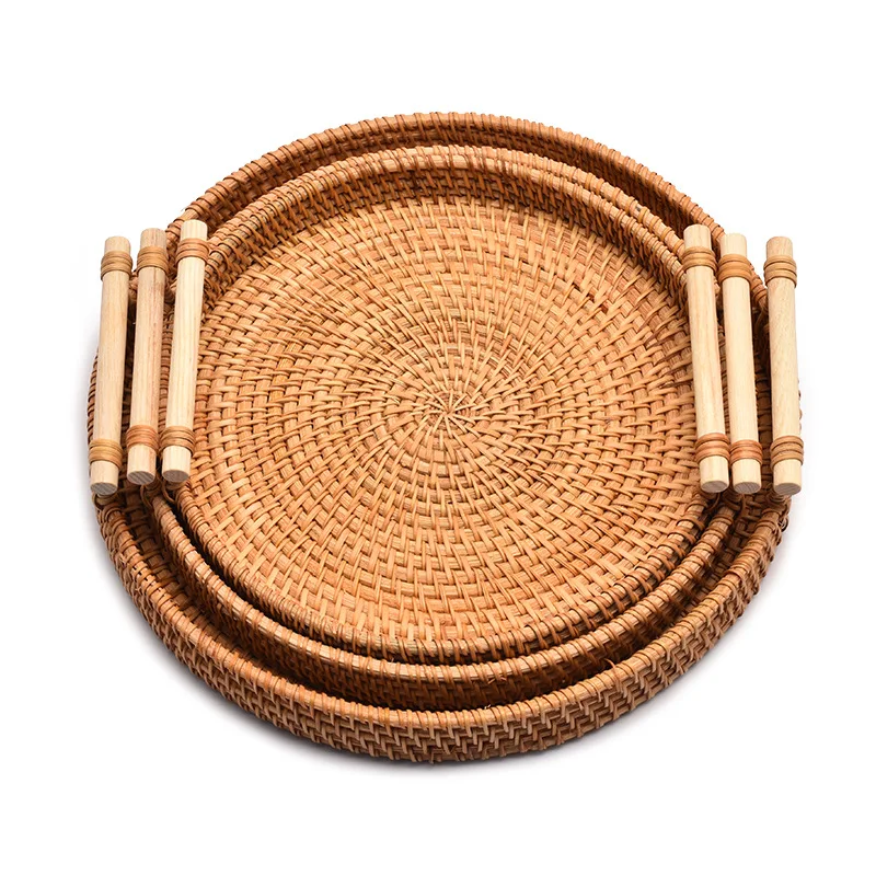 HEMU-Round Rattan Tray, Storage Basket, Tray with Wooden Handle, Bread, Fruit, Cake, Food Plate, Serving Tray for Home Kitchen