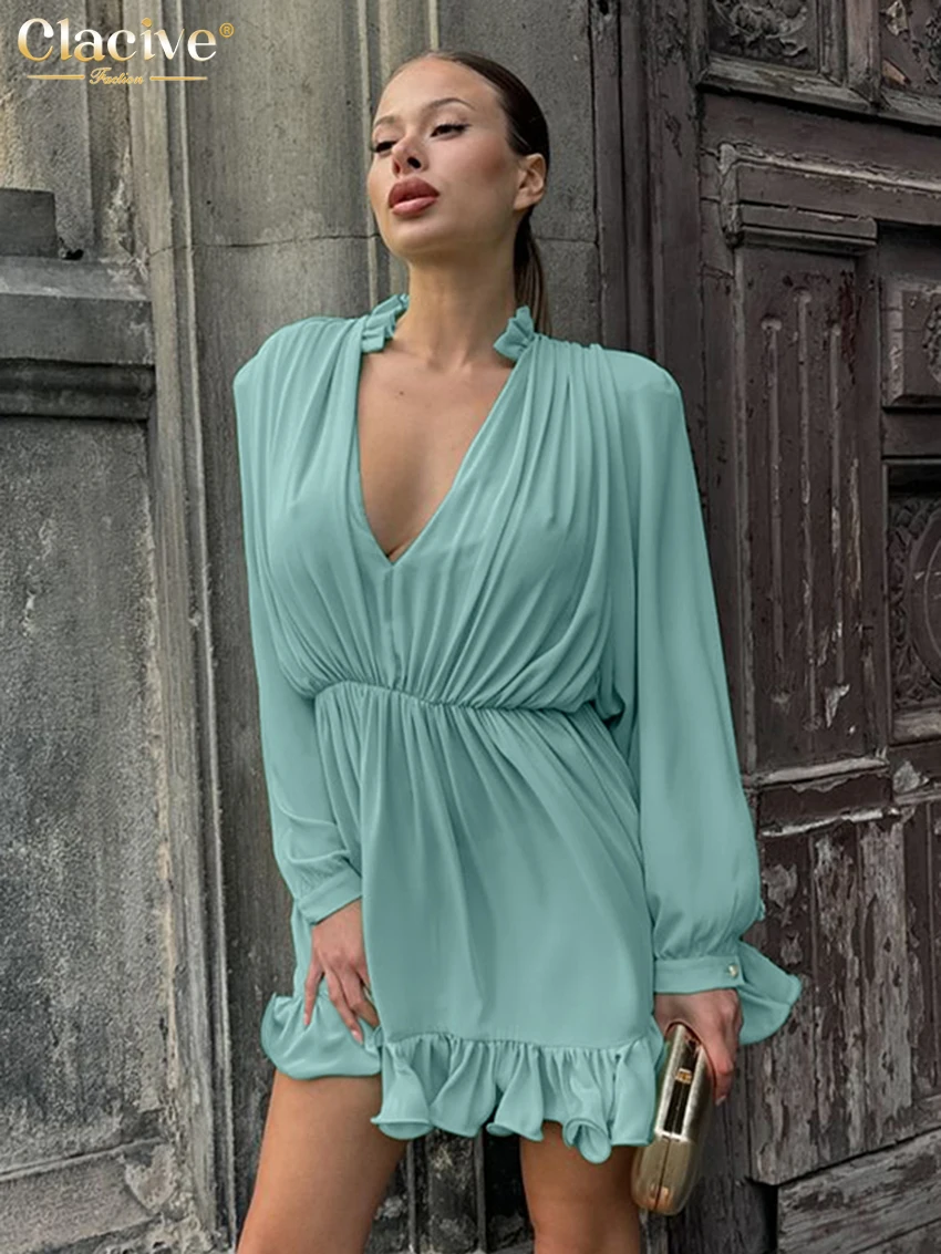 

Clacive Sexy Loose Green Women's Dress Fashion V-Neck Long Sleeve Mini Dresses Elegant Classic High Waist Pleated Female Dress