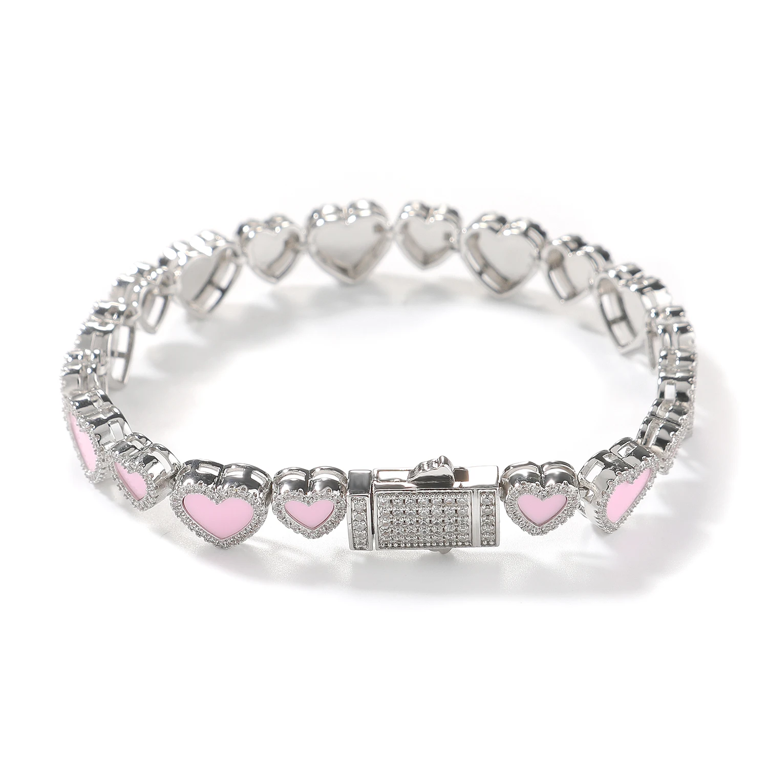 Uwin Y2K Pink Heart Tennis Bracelet Ring Set For Women Iced Out Crystal Zircon Bangle Cute Sweet Love Stackable HipHop Jewelry