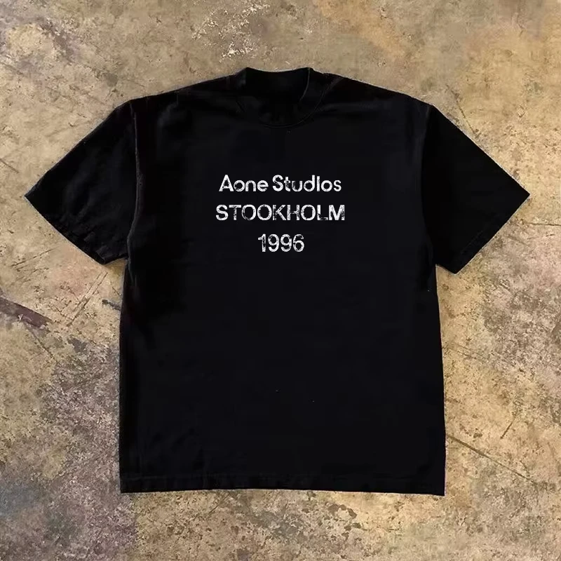 2026 Summer Trend Oversized T-shirt Breathable Cotton Retro Distressed Stockholm 1996 Letter Print Unisex Casual Sweat  Tops