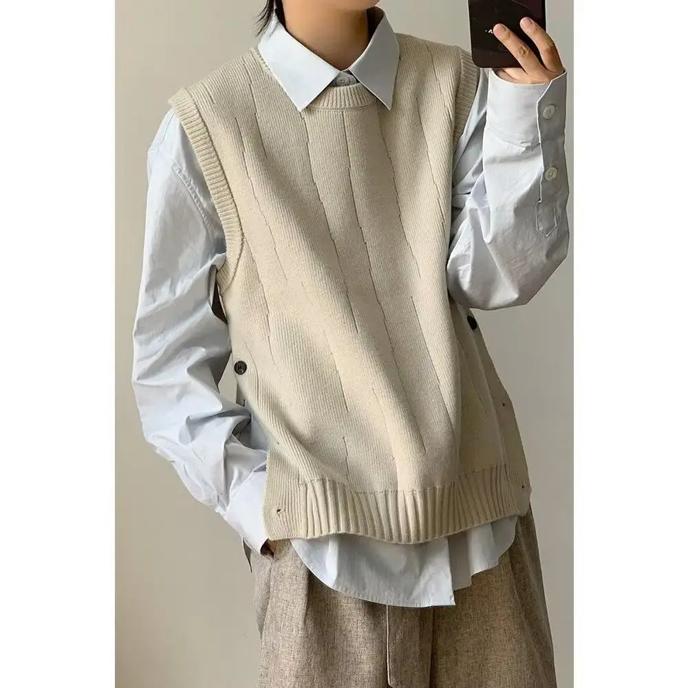 

2025 New Women's V-Ne Loose Knitted Sweater Vest Thin Versatile Bla Outerwear Casual Sle Polyester Fiber Winter Coat