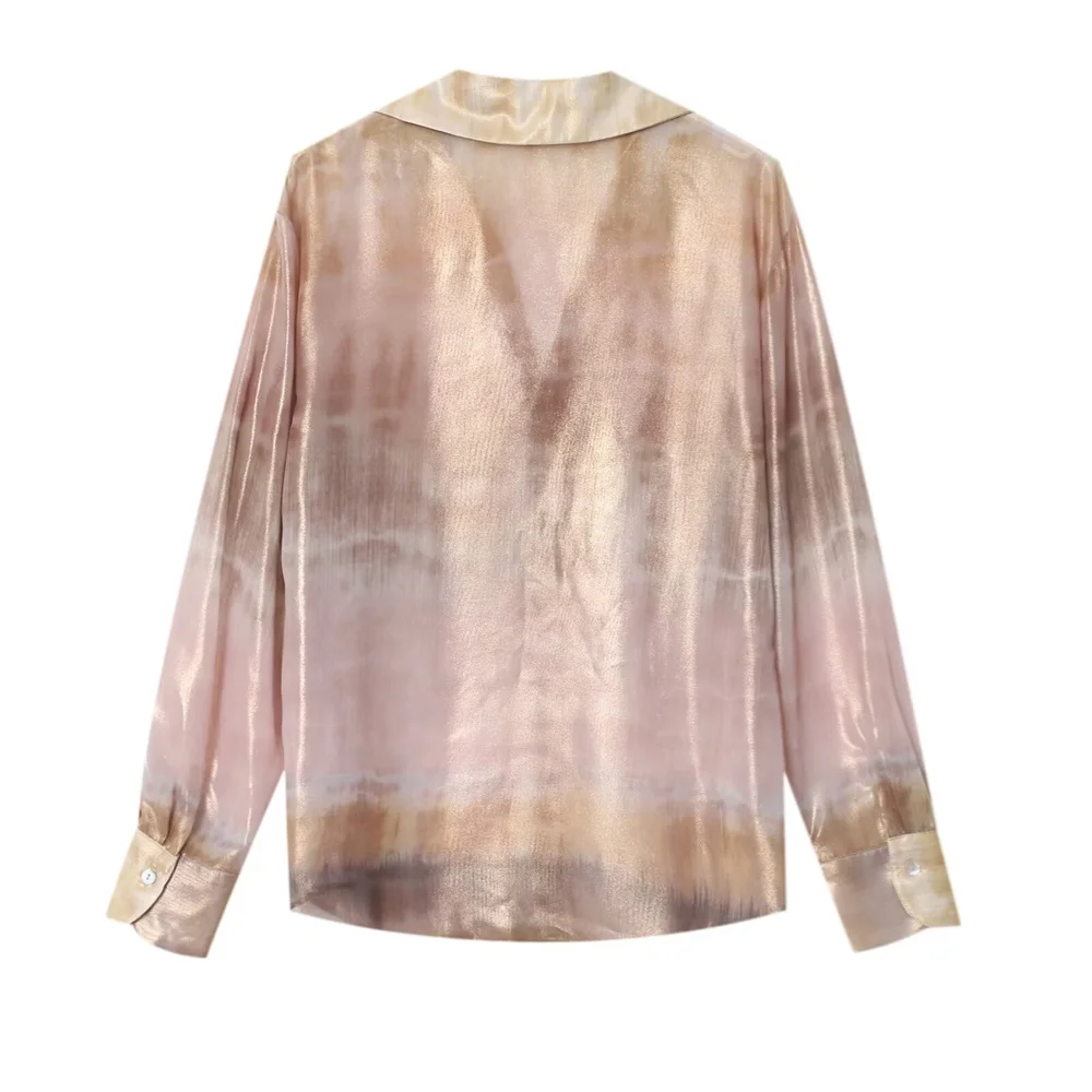 PB&ZA2024 Summer New Product Casual Women's Fashion Metal Foil Tie Dyeing Printed Long Sleeve Collar Shirt