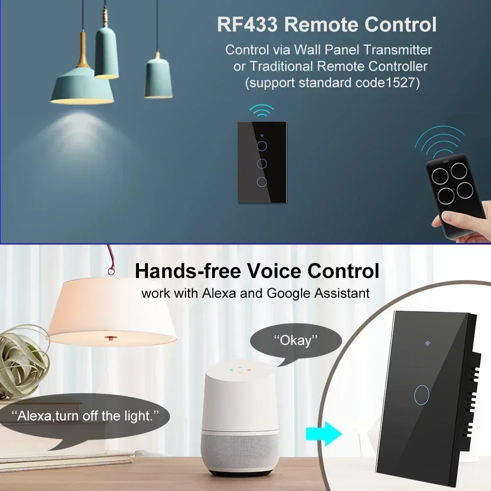 

1 2 3 4-бандовый нейтральный + Live WiFi Tuya Умный дом Пульт дистанционного управления Сенсорный выключатель света RF для освещения Австралии США BR IL Alexa 220V