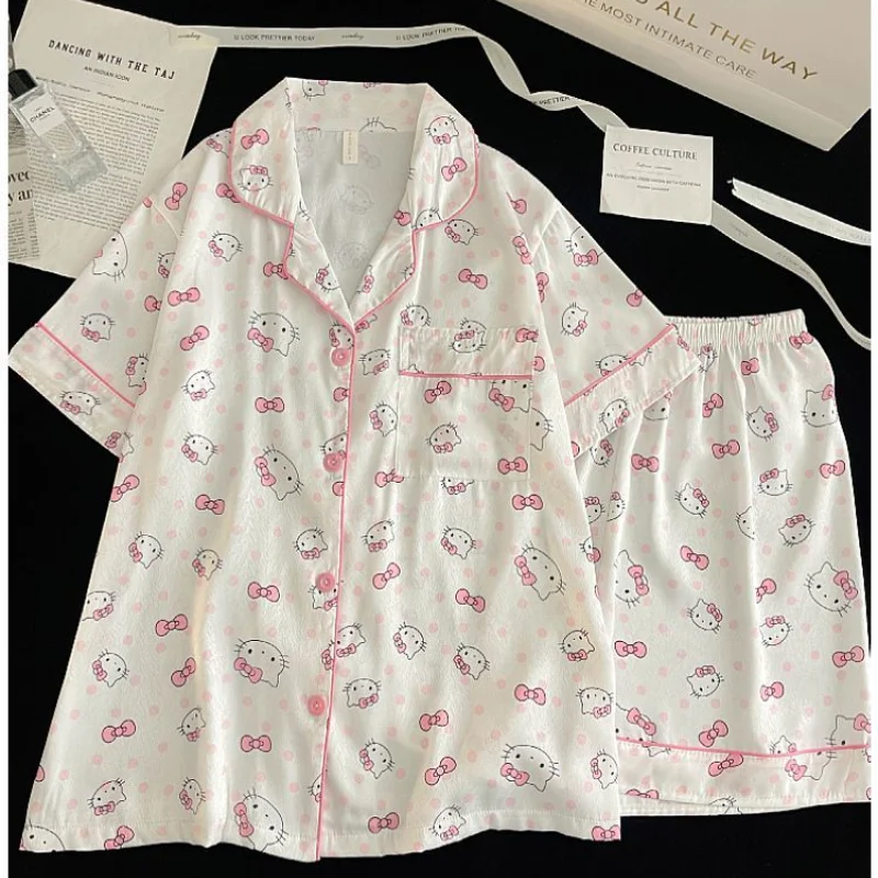 

Sanrio Hello Kitty Ice Silk Pajamas Shorts Short Sleeve Sleepwear Summer Night Clothes Kawaii Cartoon Pijama Home Suit for Women