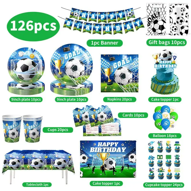 Geburtstags-Fußball-Dekoration Fußball-Themen-Tischgeschirr Tasse Teller Tischdecke Hintergrund für Kinder Tortendekoration Banner Party-Zubehör – Detail 5