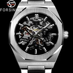 Fashion Forsining Top Brand Automatic Mechanical Men Full Steel Military Army Sport Male Clock Luxury Silver Skeleton Man Watch
