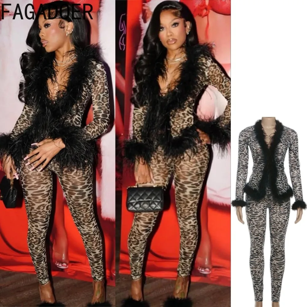 

FAGADOER Sexy Leopard Print 2 Pieces Set for Woman Outfit Long Sleeves Fur Patchwork Crop Top + Pants Midnight Female Streetwear