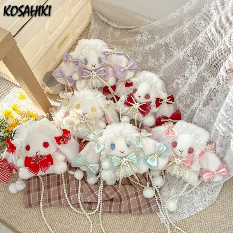 Japanese Lolita Jk Girls Bow Handbags Sweet Y2k Aesthetic Fashion Women Shoulder Bag Cartoon Kawaii Fluffy Rabbit Cossbody Bags