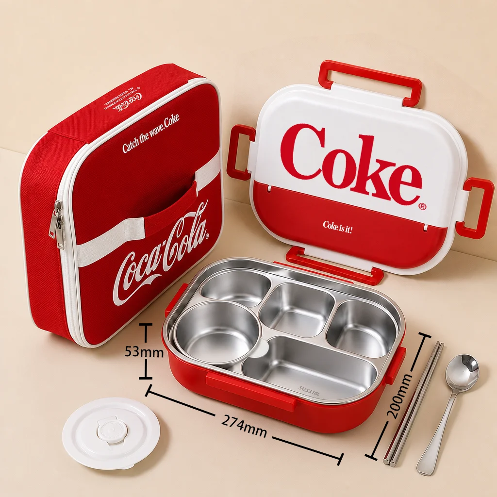 Coca Cola 1500ML 316L roestvrijstalen lunchbox, lekvrij, met soepkom en bestek, voor studenten, kantoormedewerkers en thuisgebruik, voor warme maaltijden.