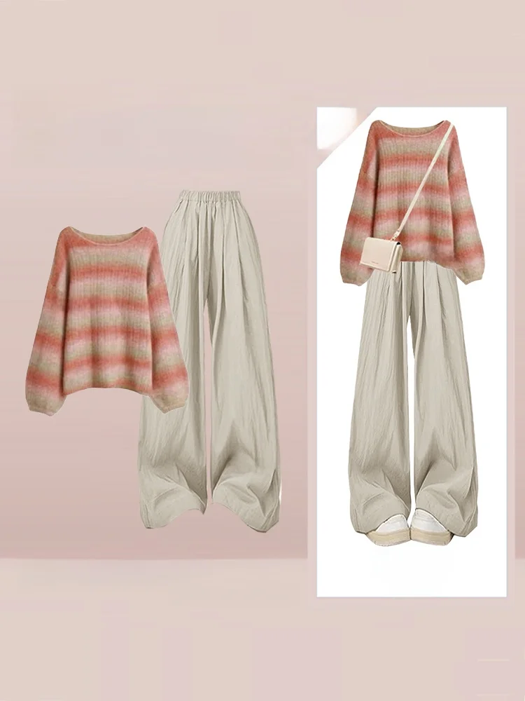 

Осенний корейский женский полосатый круглый трикотажный комплект Ne, повседневные широкие брюки, удобный длинный све, повседневный комплект
