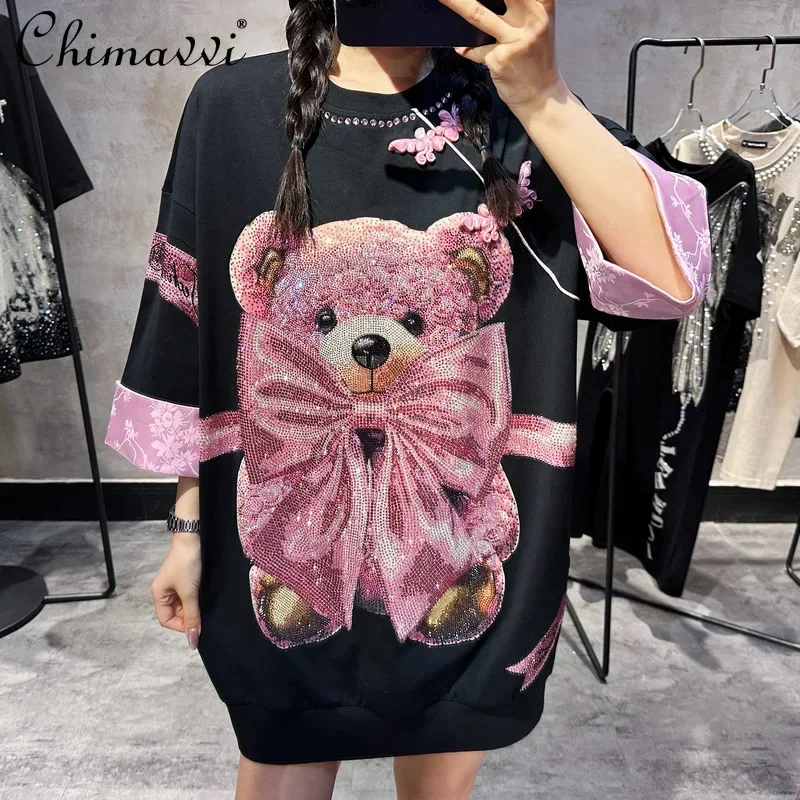 Chinesischen Stil Rosa T-shirt Kleid Mode Bogen Bär Heißer Bohren Mid-Länge Übergroßen Kurzarm Kleid Frauen Schwarze Kleider