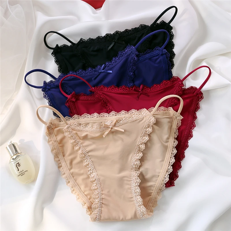 Ice Silk Women's Panties Lace Low Waist Sexy Thong Underwear Summer Solid Color Briefs Bikini G-String Ladies Lingerie image 3