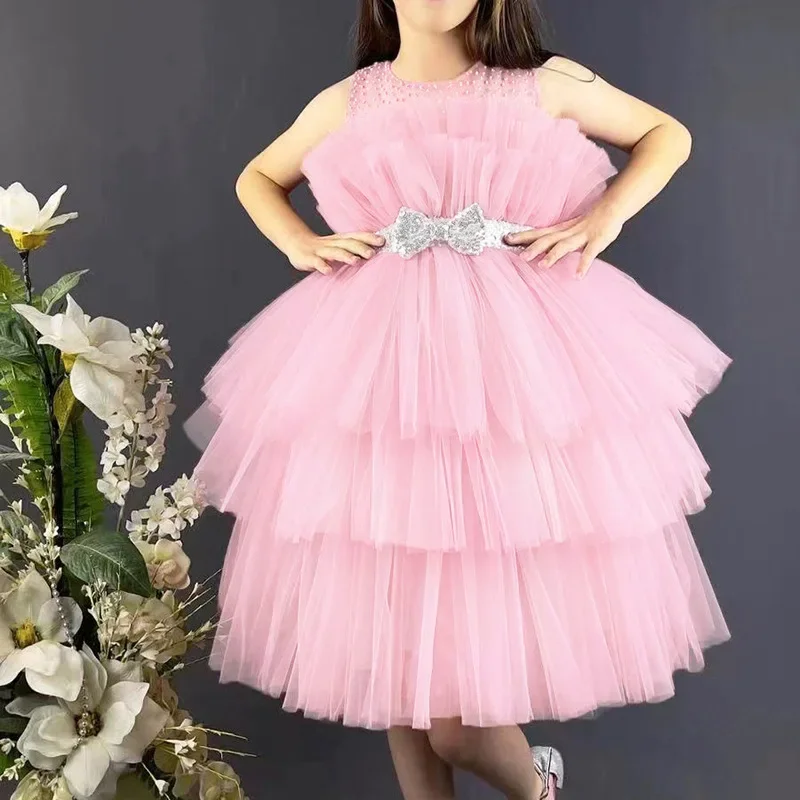 Vestido de tul con lentejuelas para niña pequeña, vestido de boda y cuello redondo con lazo, ropa de fiesta para niños, vestido de princesa rosa, vestidos con lazo para niña