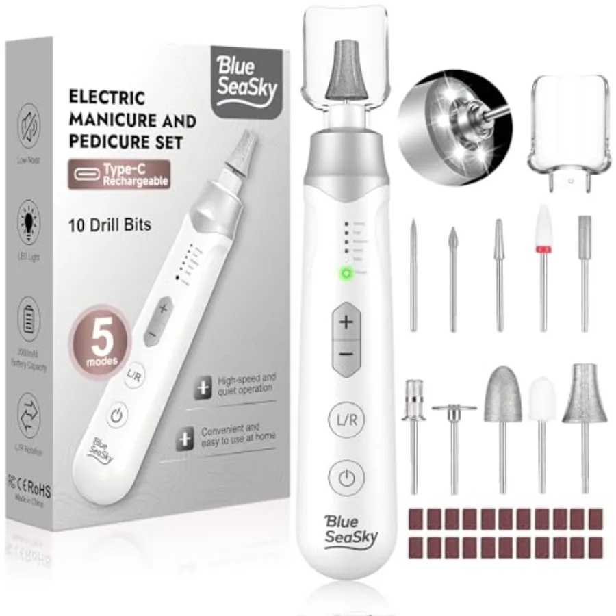 

Professional Electric Nail Drill 2000mAH Portable Cordless Electric Nail File 10 in 1 Manicure Pedicure Kit 5-Speeds Toe Nail T