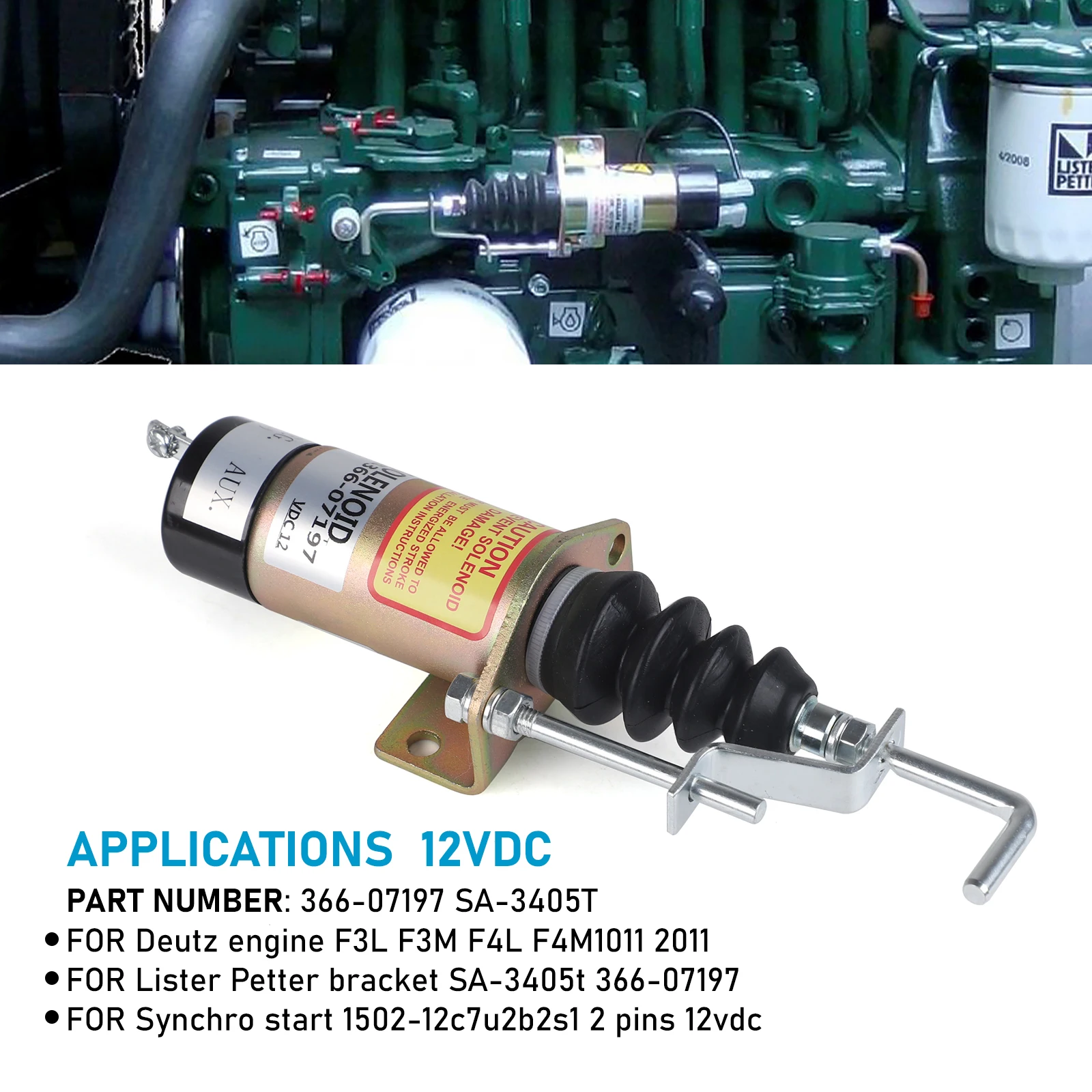 

366-07197 SA-3405-T 12V Diesel Engine Fuel Shutoff Solenoid 24A Pull-In 0.6A Hold-In For Lister Petter LPW LPWS Engine Genset