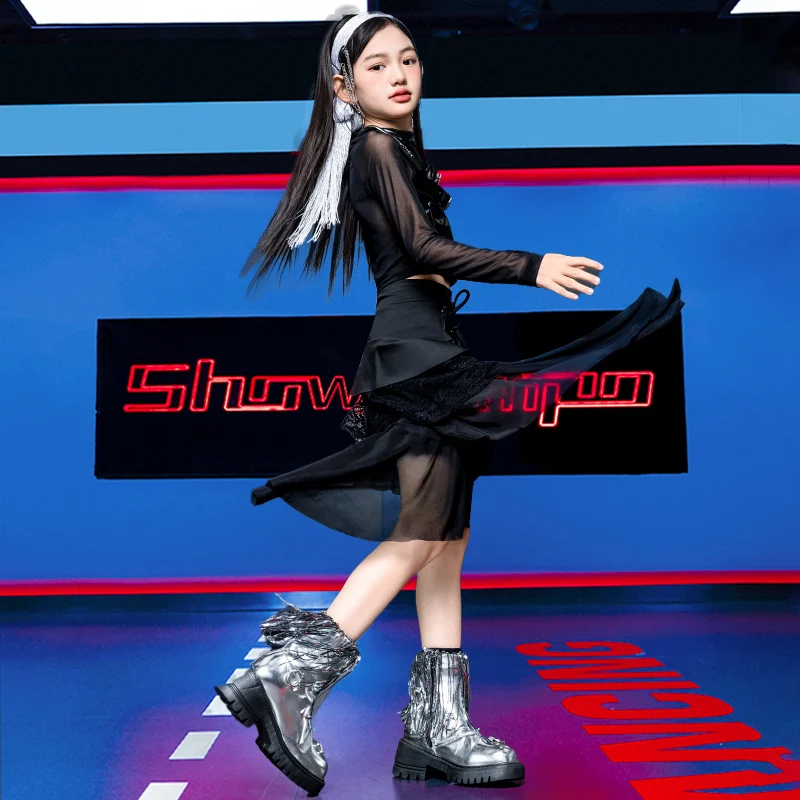 Costume de scène pour enfants, fille, hip-hop, haut et jupe en cuir patchwork, ensemble de vêtements 2 pièces, vêtements de scène pour enfants