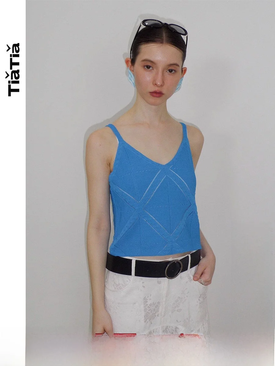 

TiaTia Summer ort Knitted Ice Silk Parme Blue Csole Commute Slim Fit Vest Korean Sle Casual Floral Print Other Material