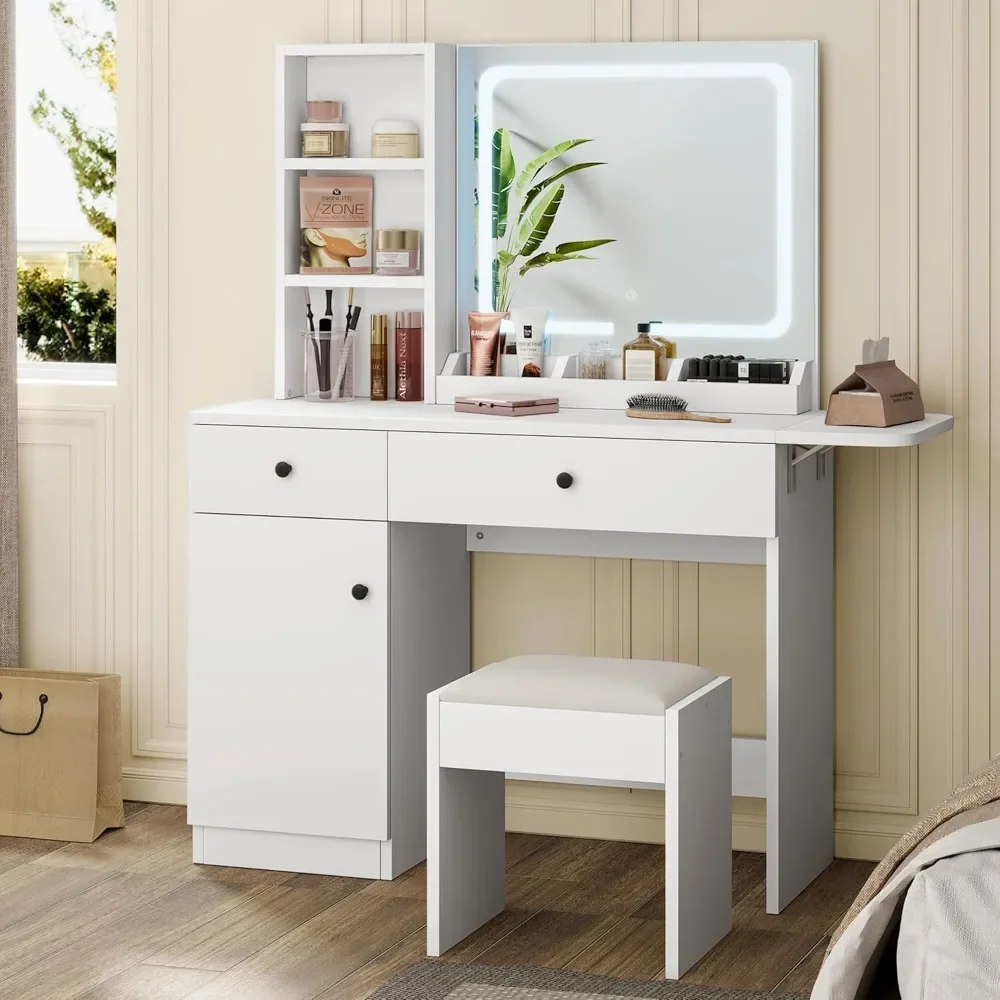 Dressing table with mirror and lighting, dresser set with socket and drawer, open shelves and lockers, bedroom dresser set