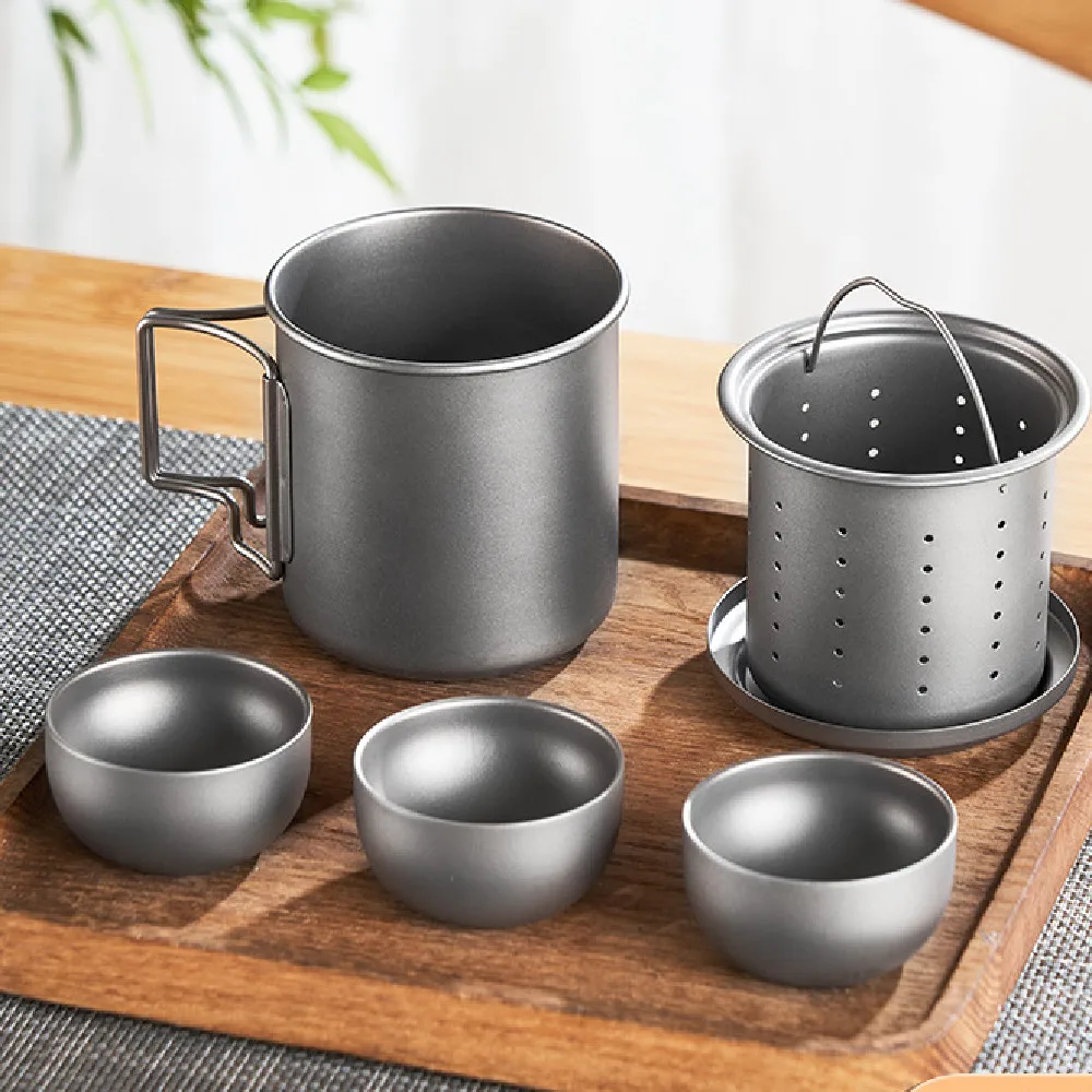 Pure Titanium 420ml Travel Tea Mug Set with Tea Infuser Ultra Light Portable Titanium Tea Set for Home Outdoor Travel
