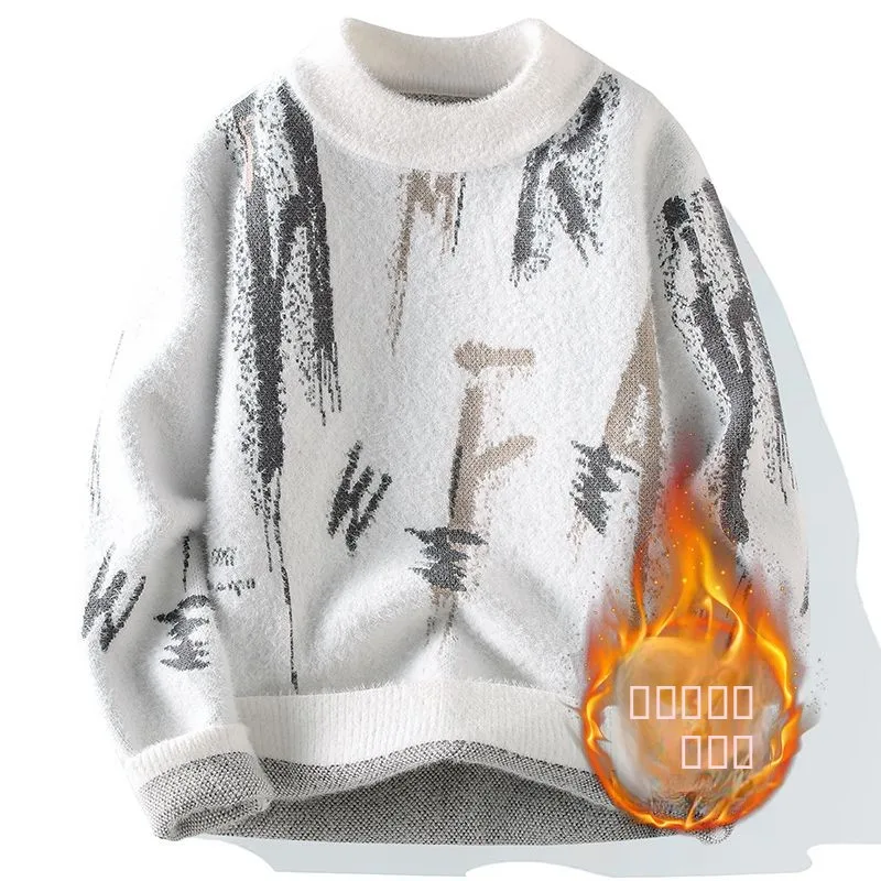 

Мужской теплый вязаный свитер Fce Lined Thi с высоким воротником, зимняя норковая бархатная основа, irt Faion Urban Sle, полиэфирное волокно