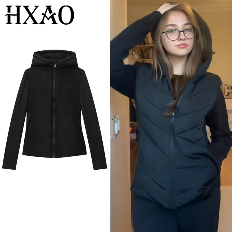 

HXAO черные легкие стеганые куртки женские зимние пальто укороченная стеганая куртка с капюшоном и длинными рукавами утепленная тонкая верхняя одежда на молнии