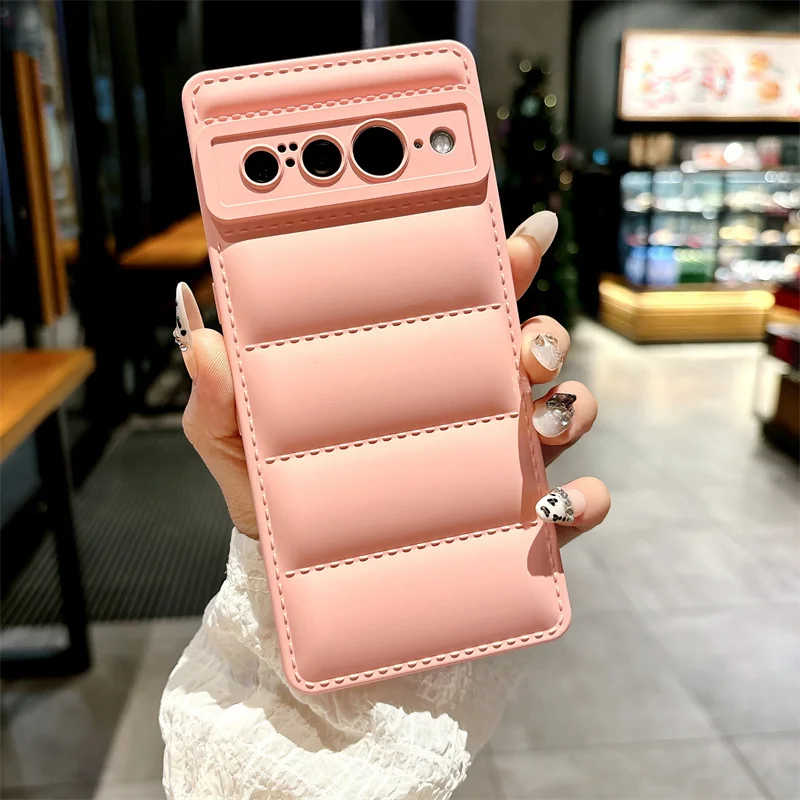 Korea Candy Color Frosted Down Jacket Suitable For Google Pixel 8Pro 8 7Pro 7A Soft Silicone Shell Hand Strap Mobile Phone Case