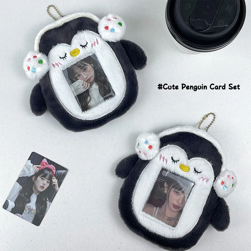 Tarjetero de peluche de pingüino de dibujos animados, fundas de exhibición para álbum de fotos Kpop, llavero, tarjeta de identificación, tarjeta de estudiante, regalos protectores para niñas