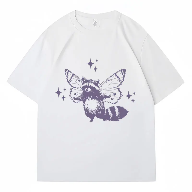 Funny Flying Raccoon with Butterfly Wings T Shirt Fashion Aesthetic Retro Summer T-shirt Cotton Oversized Casual Tops Streetwear